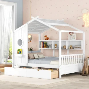 Montessori Full Platform Bed Frame with Rails & Roof