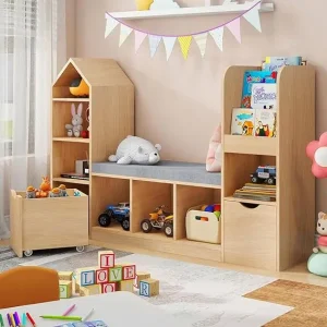 Kids Bookcase and Bookshelf with Reading Nook, Toy Storage Organizer, Oak Bookcase with 7 Storage Cubbies, 2 Movable Drawers